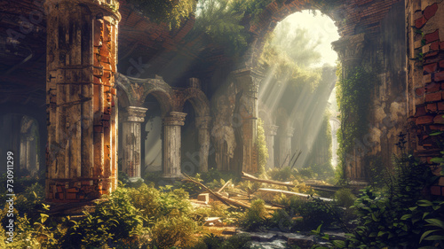 Background of an old and abandoned temple in the middle of a wild forest Generative AI Illustration photo