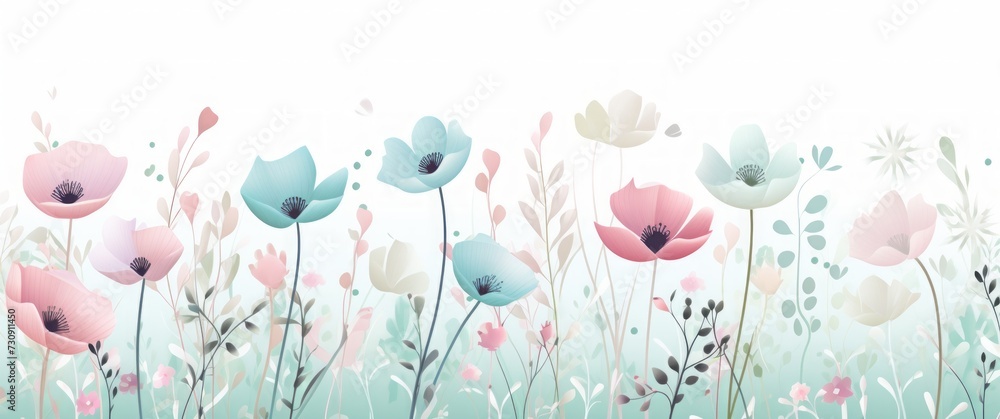 spring drawing floral pattern on white background with pink flowers