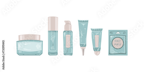 A set of hand-drawn colored sketches of cosmetics, beauty, self-care elements. Illustration for beauty salon, cosmetic store, makeup design. Engraved image.