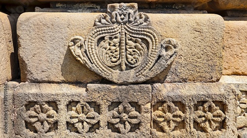 Stone Carvings of Lotus Flower Panel and Kirtimukha on the Mama Bhanje Temple, Barsur, Bastar, Chhattisgarh, India... © RealityImages