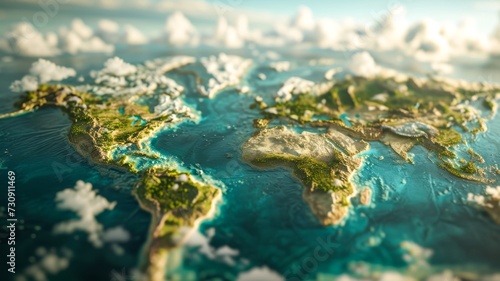 Earth globe map with 3D continents elevation and clouds Generative AI Illustration