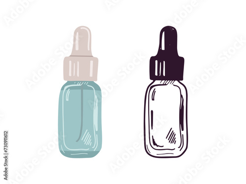 Hand-drawn serum bottle with pipette, beauty cosmetic element, self care. Illustration for beauty salon, cosmetic store. Colored flat style and black doodle style.