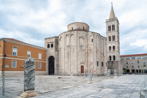 Amazing view with the beautiful old architecture of St. Donat church and Cathedral of St. Anastasia bell tower  in the old town of Zadar on the coast of the Adriatic Sea, Croatia.