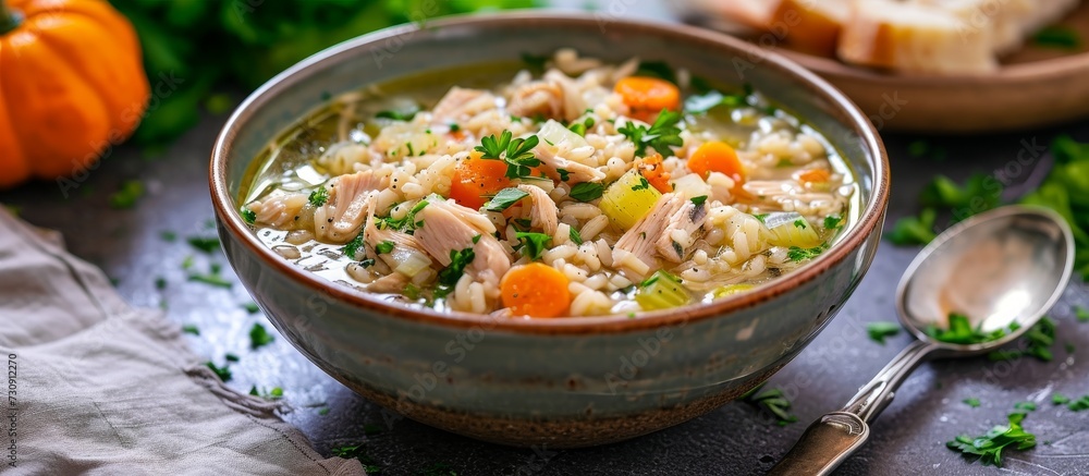 A delectable dish of chicken and rice soup, garnished with a spoon, prepared using various ingredients and cooked for a satisfying meal. A delectable dish of chicken and rice soup, garnished with a spoon, prepared using various ingredients and cooked for a satisfying meal.