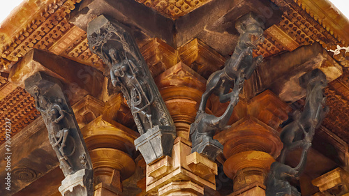 Carvings of Madanika and Yali on the Kakatiya Rudreshwara Temple, Palampet, Warangal, Telangana, India. photo