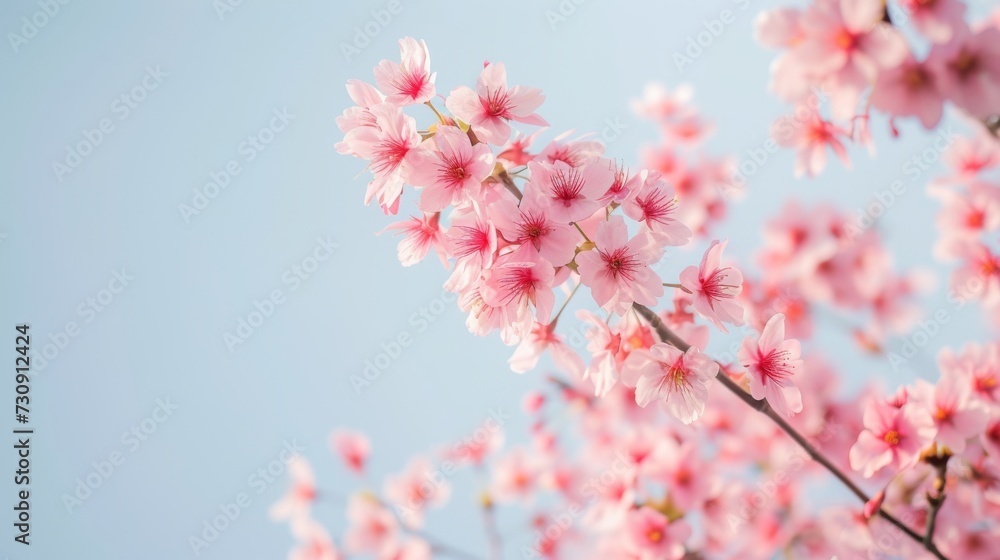Freshly bloomed cherry blossoms against a clear sky background Freshly bloomed cherry blossoms against a clear sky background