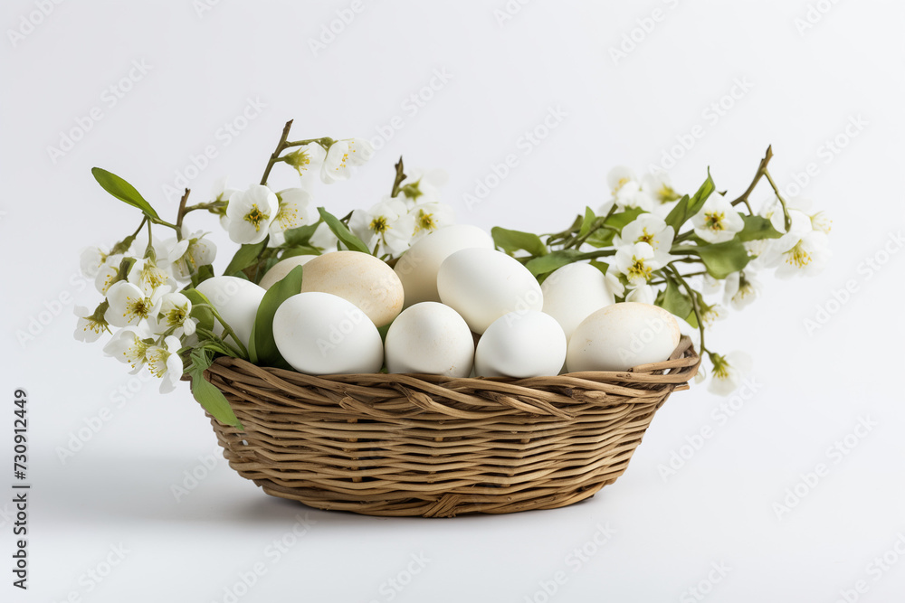 Easter eggs in a basket, side view, white flowers on a white background. Easter composition Easter eggs in a basket, side view, white flowers on a white background. Easter composition