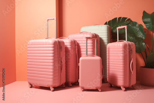 several suitcases near the pink wall