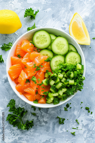 Salmon Poke Bowl with Fresh Cucumber and Parsley