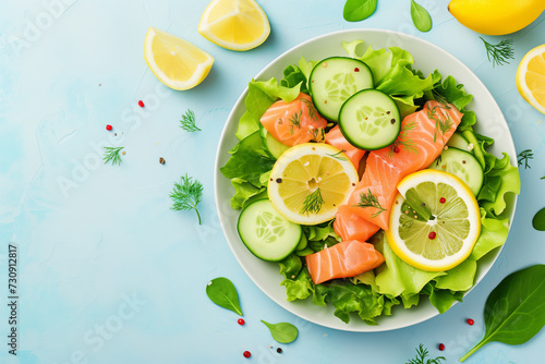 Citrusy Salmon Salad with Sliced Cucumber and Fresh Greens