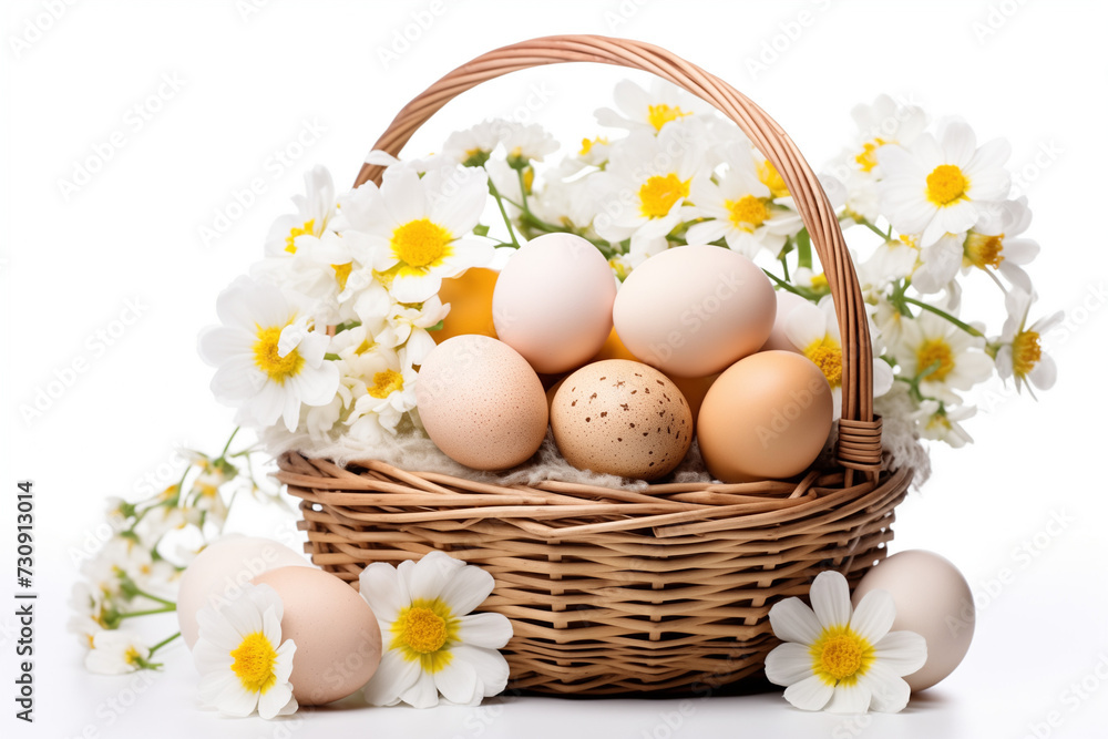 Easter eggs in a wicker basket, side view, spring flowers on a white background. Easter composition Easter eggs in a wicker basket, side view, spring flowers on a white background. Easter composition