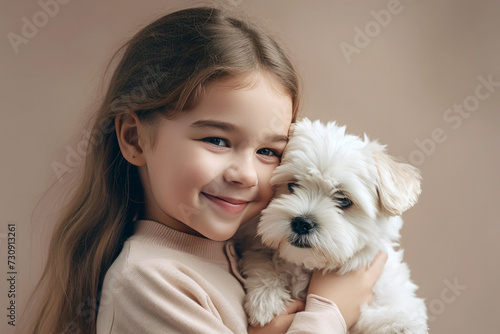 Smiling girl hugging adorable purebred dog