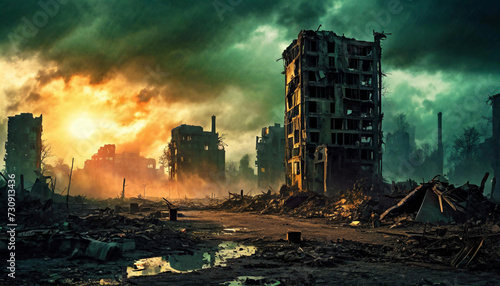 The world after apocalypse, destroyed buildings, toxic atmosphere