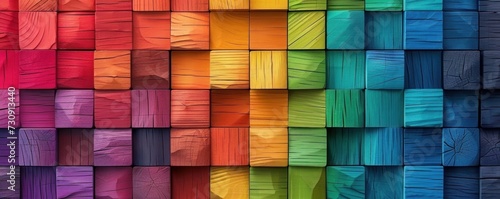 Abstract geometric rainbow colors colored 3d wooden square cubes texture wall background banner illustration panorama long, textured wood wallpaper, Generative AI