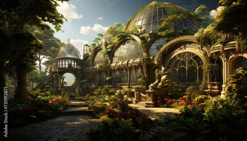 A large greenhouse filled with exotic plants
