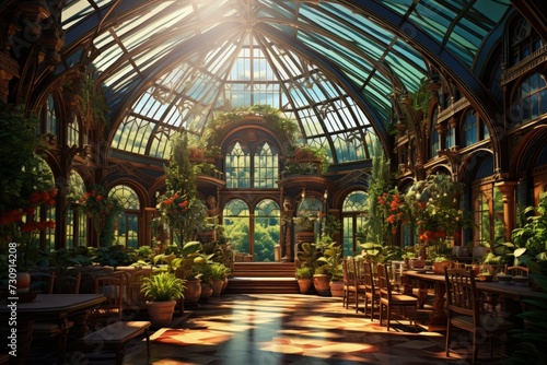 A large greenhouse filled with exotic plants