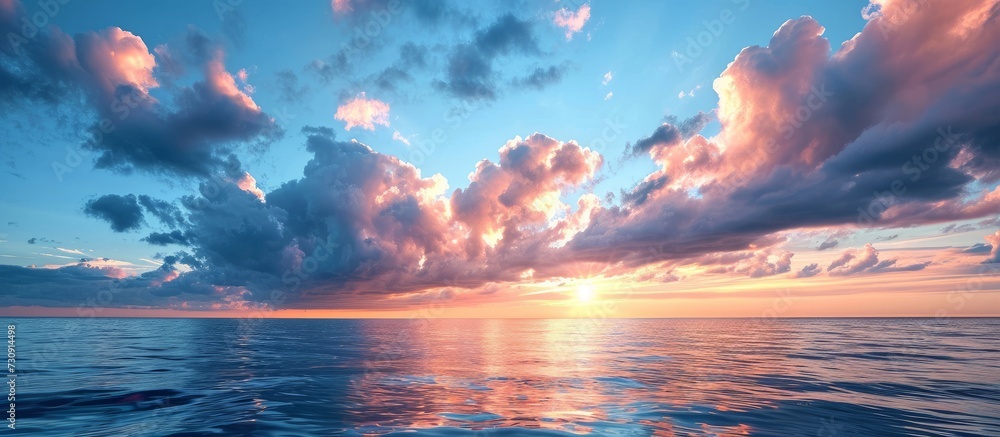 Scenic view of the Baltic Sea during sunset, with a captivating sky displaying glowing blue and pink clouds, soft golden sunlight, and the enchanting midnight sun.