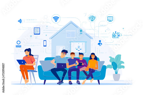 Seamless Integration of Smart Home Technology, Modern Living Automation, Family Enjoying Wireless Control of Household Devices.