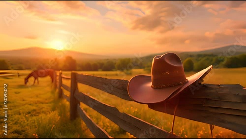 Cowboy Hat on Wooden Fence, Western Background. photo
