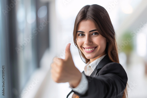 Portrait of smiling woman and manager of a company with thumbs up. Good news.