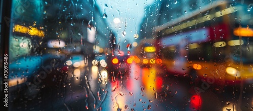 Raindrops on the bus window create blurred reflections in the nighttime light of vehicles and buildings.