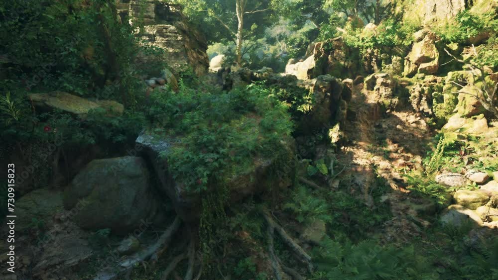A massive rock surrounded by lush green trees in a serene forest setting A massive rock surrounded by lush green trees in a serene forest setting