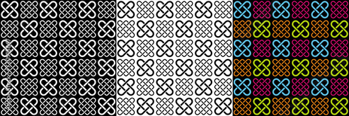 3 versions d’un motif de forme géométrique pour une impression sur du tissu ou sur du papier.