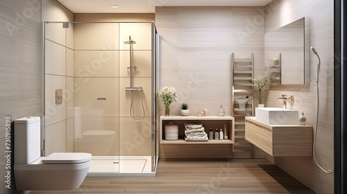 Modern bathroom at home with glass partition separating shower tap and wall mounted toilet.