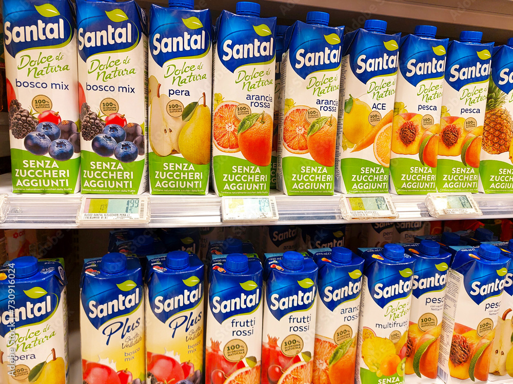 Italy February 8, 2024 Santal Fruit Juices in a brick on a shelf in