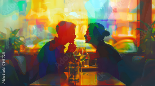 Artistic portrayal of a same-gender couple on a romantic date in a cafe