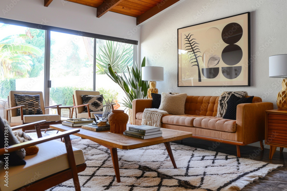 Fototapeta premium Living Room With Furniture and Large Window