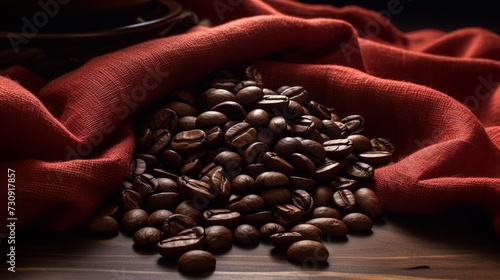 The Aroma of Daybreak: A Whimsical Cascade of Coffee Beans on Rustic Timber. Generative AI. photo