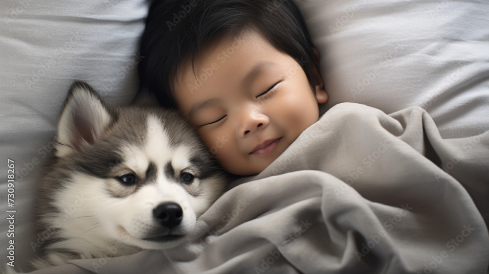 Small child lies on a bed with a dog. Dog and cute baby childhood friendship. Little boy and Dog Small child lies on a bed with a dog. Dog and cute baby childhood friendship. Little boy and Dog