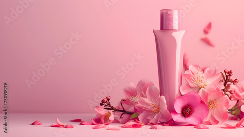Elegant Cosmetic Packaging with Spring Flowers on Pink Background for Beauty and Skincare Advertising
