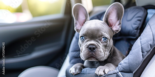 Cute gray blue-eyed French bulldog puppy sits in a car seat and looks at the camera. The dog travels fastened with a seat belt in a carrier in a car. Concept for safe transportation of animals photo