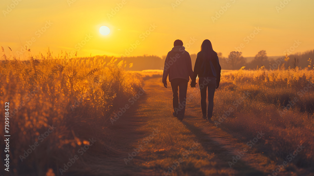 Couple Walking Hand in Hand in Field at Sunset Romance Concept