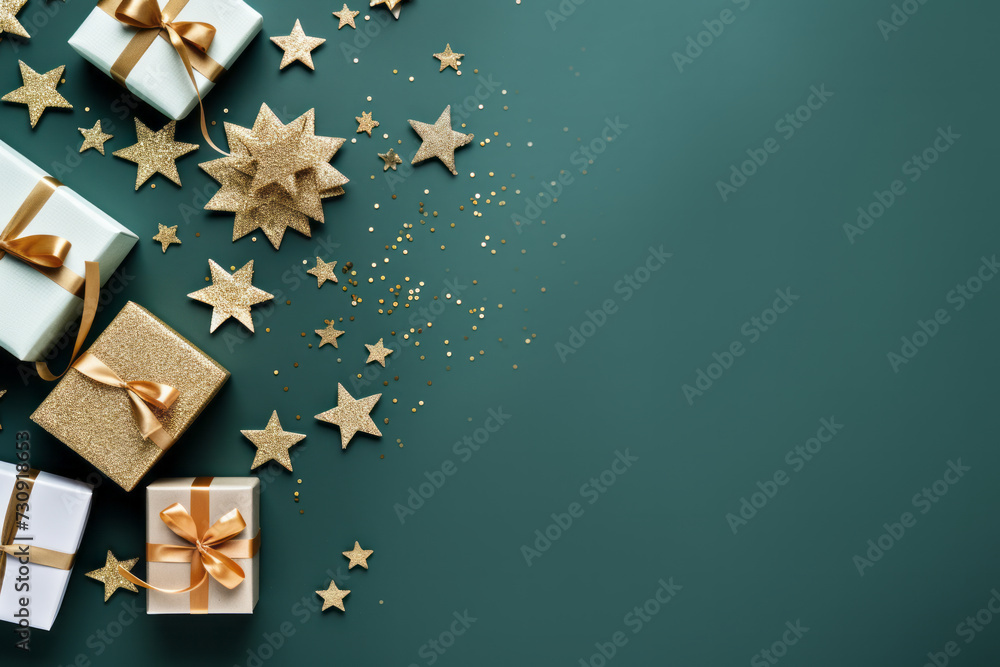 Green Background With Gold Stars and Presents - Festive Celebration Concept