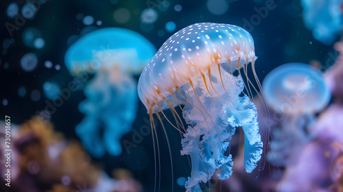 Translucent Jellyfish Gliding in Deep Blue Ocean Water © HappyKris