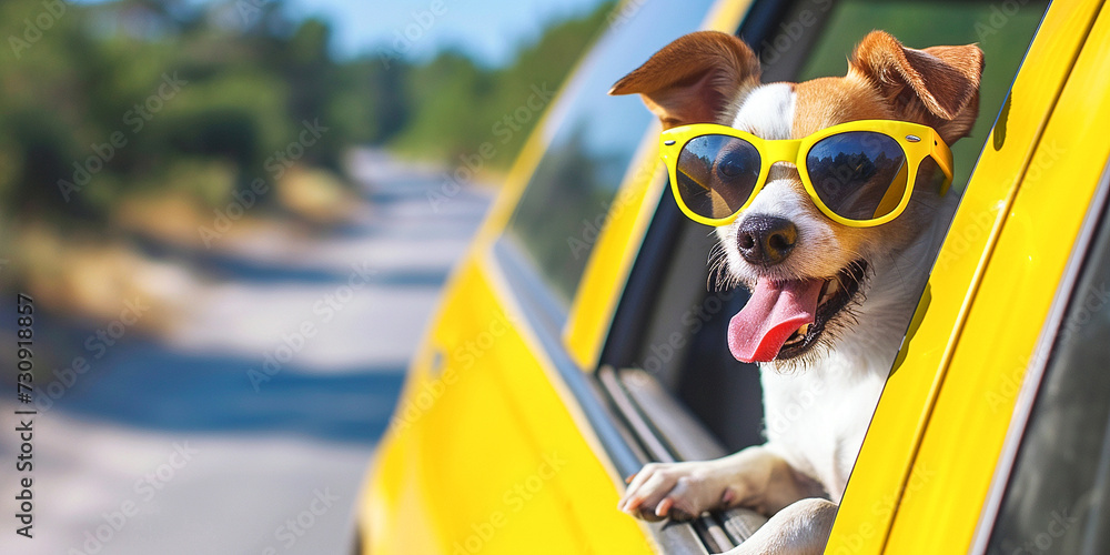 Portrait of a funny Jack Russell terrier puppy in yellow sunglasses, sticking his muzzle and paws out of the window of a yellow car during a trip. Travel concept with animals - obrazy, fototapety, plakaty 