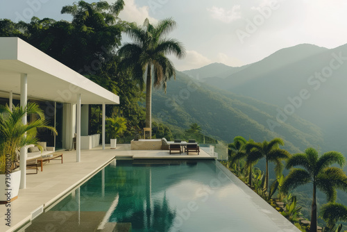 a minimalist house with white design with a pool and many tropical plants, mountain view © Kien