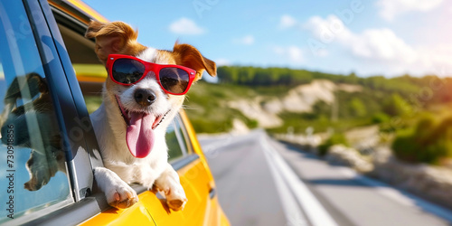 Portrait of a funny white Jack Russell Terrier puppy with brown spots wearing red sunglasses, sticking his muzzle and paws out of the window of a yellow car during a trip. Travel concept with animals