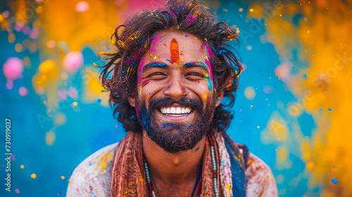 A joyful Spanish man with a beard, his face painted with multi-colored paints, in smart clothes celebrates the Holi festival. Spring festival of colors photo