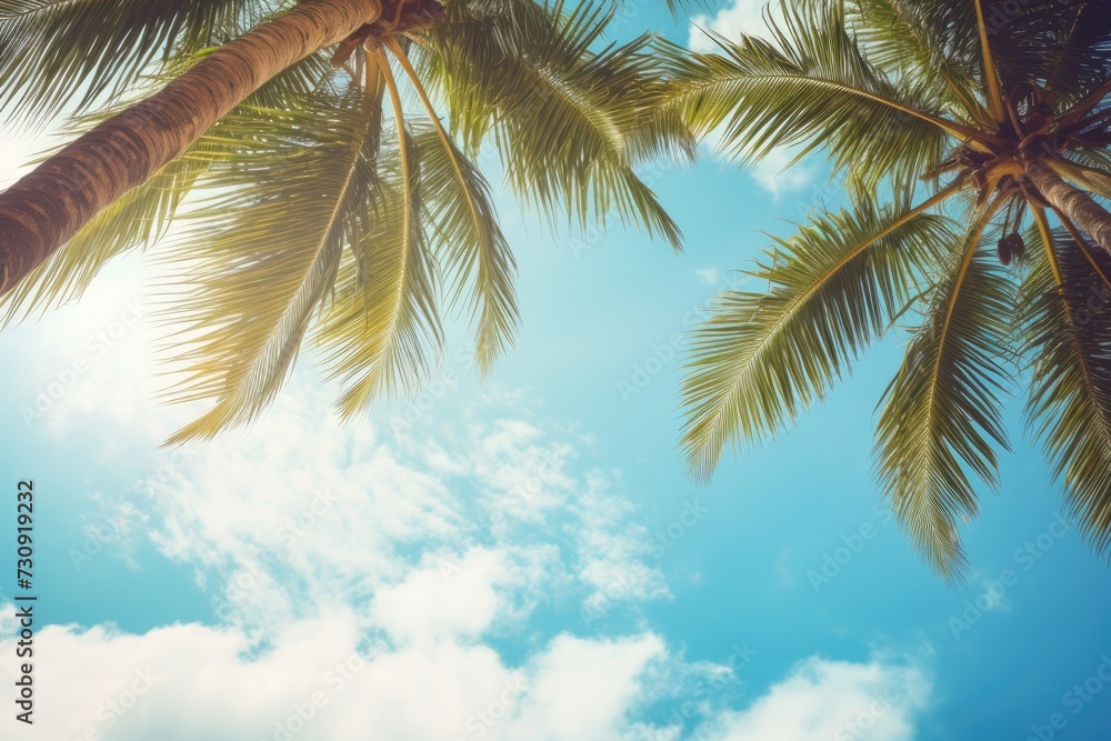 Blue sky and palm trees view from below, vintage style, tropical beach and summer background, travel concept