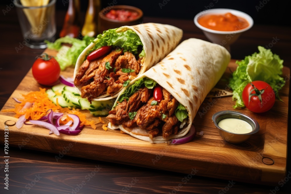 Delicious shawarma served on wooden board on table in cafe. Grilled pita wrapping chicken meat and fresh vegetables with sauce Delicious shawarma served on wooden board on table in cafe. Grilled pita wrapping chicken meat and fresh vegetables with sauce