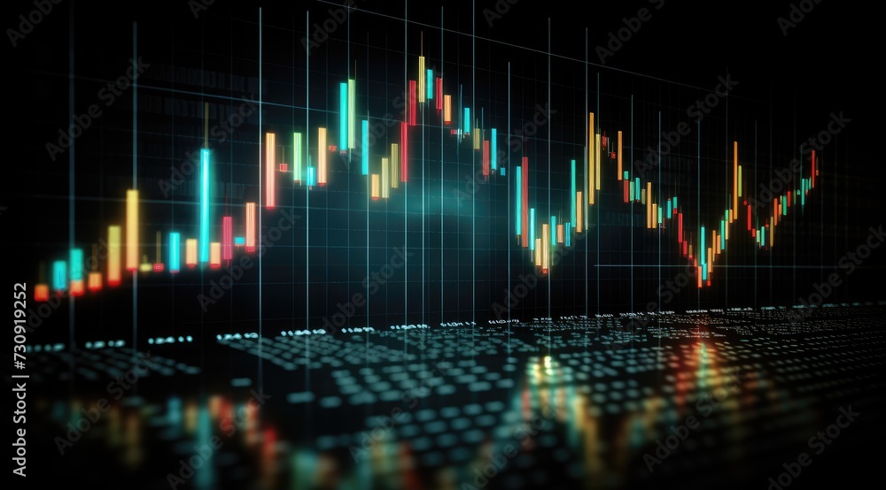 Digital display, options chart, stock market glowing on a dark background. - obrazy, fototapety, plakaty 