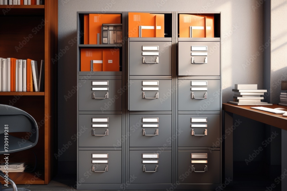 File cabinet, office archive storage with drawers for documents, paper data, library or registry cards. Metal cabinet for paperwork organization File cabinet, office archive storage with drawers for documents, paper data, library or registry cards. Metal cabinet for paperwork organization