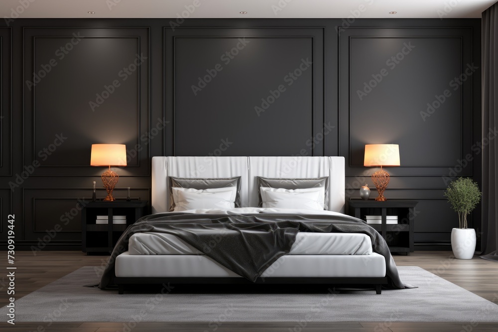 Black and white luxury bedroom interior with double bed on wooden floor and two lamps on bedside tables. Black and white luxury bedroom interior with double bed on wooden floor and two lamps on bedside tables.