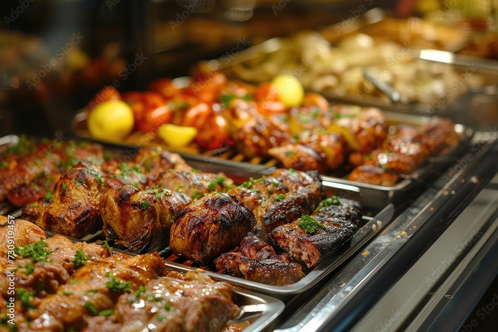 Catering buffet food indoor in restaurant with grilled meat.