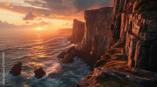 Ancient Nordic landscape at sunset featuring rugged cliffs, ancient runes, and a breathtaking coastal panorama