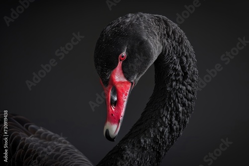 Black swan on black background (Cygnus atratus). Beautiful west australian black swan.